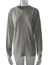 Damen nan legeres Langarmshirt mit V-Notch-Ausschnitt, Brusttasche und lockerer Oversize-Passform Drune – Ohne Taschen – Hellgrau Langarm