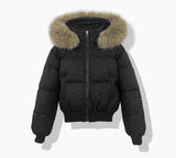 Damen kurzer gesteppter Blouson mit abnehmbarer Kapuze – Schwarz
