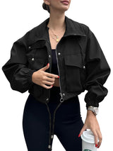 Damen Kurzjacke mit Kordelzug und elastischen Bündchen – Schwarz