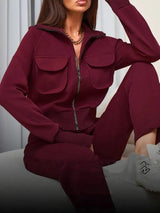Damen Warmer Trainingsanzug – Bequemer Zweiteiler Mit Taschen Und Hohem Kragen – Weinfarbe