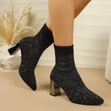 Damen Strumpfstiefeletten mit Blockabsatz und Rippstruktur – Schwarz