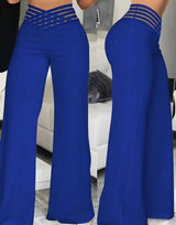 Damen nan hochtaillierte Schlaghose mit mehrreihiger Riemchen-Taille und weitem fließendem Bein Drune – Blau