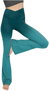 Damen nan taillenhohe Yogahose mit überkreuztem Bund und ausgestelltem Saum mit Schlitz Drune – Blau mit Verlauf