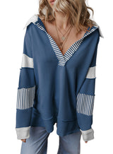 Damen Oversized V-Ausschnitt Gestreifter Sweatshirt – Marineblau