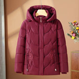 Damen gesteppte Thermo-Outdoorjacke mit Kapuze und Blumenstickerei – Rot