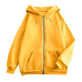 Damen weite Kapuzenjacke mit Reißverschluss, Kängurutaschen und Rippbündchen – Gelb