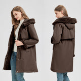 Damen langer Parka mit abnehmbarer Kapuze und taillenverstellbarem Kordelzug – Braun