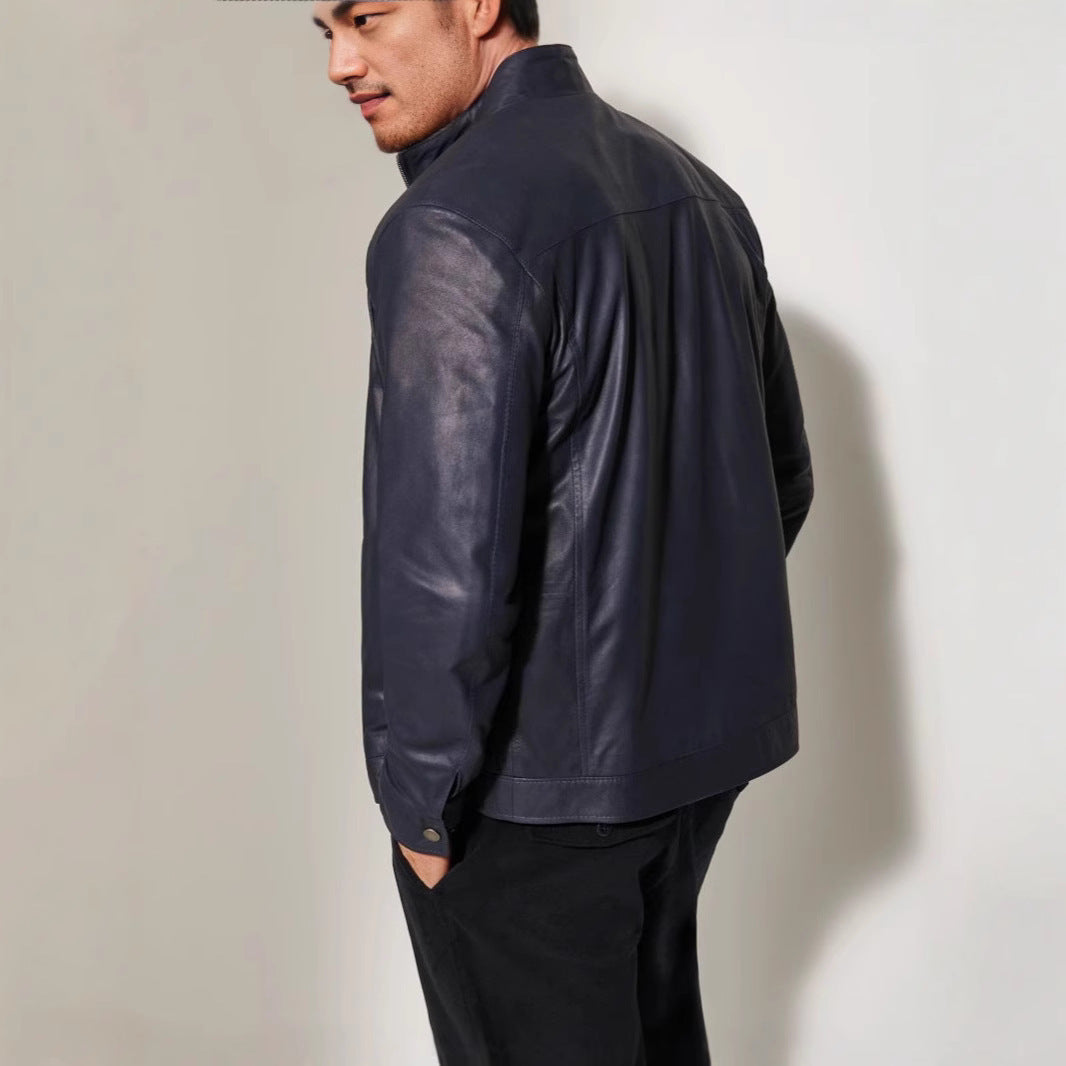 Herren stylische Lederjacke mit modernem Stehkragen und dezenten Kontrastnähten Aliams