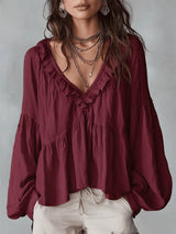 Damen Fließendes Oberteil Mit Raffungen Und V-Ausschnitt – Locker Elegante Bluse – Rot