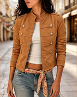 Damen Langarm-Jacke mit Knöpfen und Taschen – Dunkelbraun