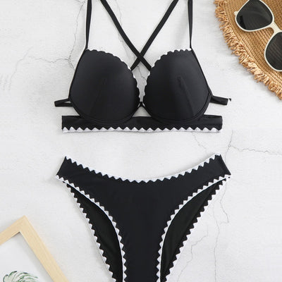 Schwarzer Push-Up Bikini mit Spitze & High-Leg Schnitt – 2-teiliges Set mit Bügel-Cups