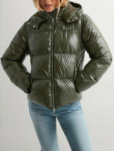 Damen Steppjacke mit verstellbarer Kapuze und Reißverschlusstaschen – Olivgrün