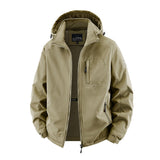 Herren Softshelljacke im Tactical-Stil mit versteckter Kapuze und Brusttasche – Khaki