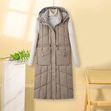 Damen lange Thermo-Steppweste mit Kapuze und Multifunktionstaschen – Khaki
