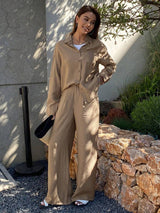 Damen Leinen Hemd Und Hosen Set – Lockeres Sommer Outfit – Khaki