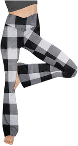 Damen nan taillenhohe Yogahose mit überkreuztem Bund und ausgestelltem Saum mit Schlitz Drune – Großkariertes Schwarz
