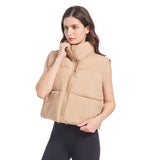Damen ultraleichte Kurz-Steppweste mit hohem Stehkragen und Kordelzug – Khaki