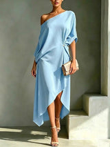 Camila | Damen-Ein-Schulter-Maxikleid mit Seitenschlitz – Blau