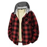 Herren kariertes Overshirt mit Kapuze, Brusttasche und Druckknopfverschluss – Schwarz-Rot