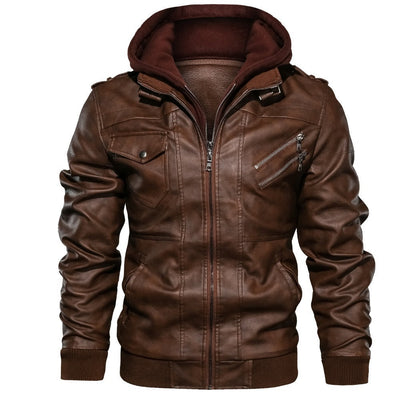 Herren Lederjacke mit Kapuze und Taschen