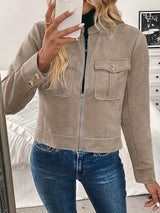 Damen Kurzjacke mit Pattentaschen und Reißverschluss – Khaki
