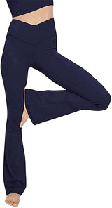 Damen nan taillenhohe Yogahose mit überkreuztem Bund und ausgestelltem Saum mit Schlitz Drune – Navyblau