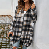 Damen Langer Kapuzenmantel mit Karomuster und Ballonsaum – Khaki