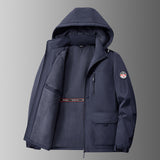 Herren gefütterte Softshell-Winterjacke mit Kapuze und Multifunktionstaschen – Dunkelblau