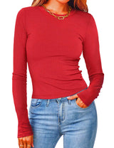 Damen Figurbetontes Langarmshirt Mit Rippstruktur – Schmaler Stretch Fit – Rot