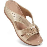 Damen Bequeme Fußbett Sandalen Mit Blumen Design – Orthopädischer Sommerkomfort – Gold
