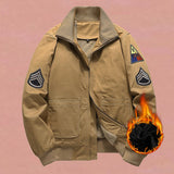 Herren Bomberjacke im Militärstil mit Patches und verdecktem Reißverschluss – Khaki gefüttert