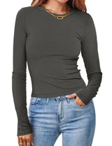 Damen Figurbetontes Langarmshirt Mit Rippstruktur – Schmaler Stretch Fit – Dunkelgrau