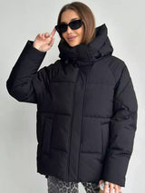 Damen Oversized Steppjacke mit Kapuze und integrierten Taschen – Schwarz