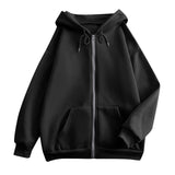 Damen weite Kapuzenjacke mit Reißverschluss, Kängurutaschen und Rippbündchen – Schwarz