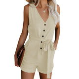 Damen Ärmelloser Knopf Playsuit – Sommer Jumpsuit Mit Gürtel – Aprikose