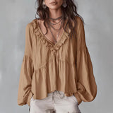 Damen Fließendes Oberteil Mit Raffungen Und V-Ausschnitt – Locker Elegante Bluse – Hellbraun