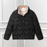 Damen kurze Steppjacke mit Bogensteppung und Druckknopfblende – Schwarz