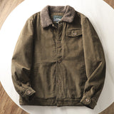 Herren gefütterte Cordjacke mit Teddykragen und Knopfleiste – Olivgrün