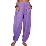 Damen nan lockere Leinenhose mit weitem Bein elastischem Bund und großen aufgesetzten Taschen Drune – Violett