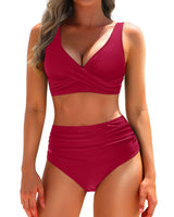 Damen Bikini Set Mit Hochtaillierten Shorts – Figurformende Bademode – Rot