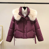 Damen kurze Steppjacke mit voluminösem Webpelzkragen und Taillenriemen – Violett