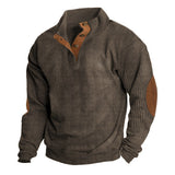 Herren nan strukturiertes Rugby-Pullover mit Stehkragen, Knopfleiste und Leder-Ellenbogenpatches Drune – Kaffeebraun