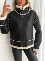 Damen Kunstlederjacke mit Teddyfutter und Reißverschluss – Schwarz