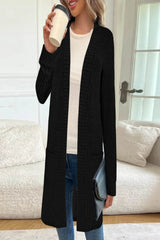 Damen Longline Langarm-Cardigan mit Taschen – Schwarz