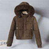 Damen kurzes wattiertes Kapuzenblouson mit Kunstfellkragen – Braun