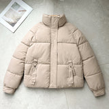 Damen kurze Steppjacke mit hohem Stehkragen und D-Ring-Tasche – Khaki