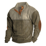 Herren nan rustikaler gerippter Pullover mit Henley-Kragen und lederartigen Ellbogenbesätzen Drune – Khaki+Khaki