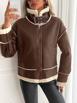 Damen Kunstlederjacke mit Teddyfutter und Reißverschluss – Braun