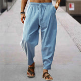 Herren nan entspannte Harem-Loungehose aus Leinenmix mit weitem Bein, elastischem Bund, Kordelzug und seitlichen Eingrifftaschen Drune – Hellblau