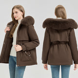 Damen Kurzmantel mit Kunstfellkapuze und Tunnelzug – Braun